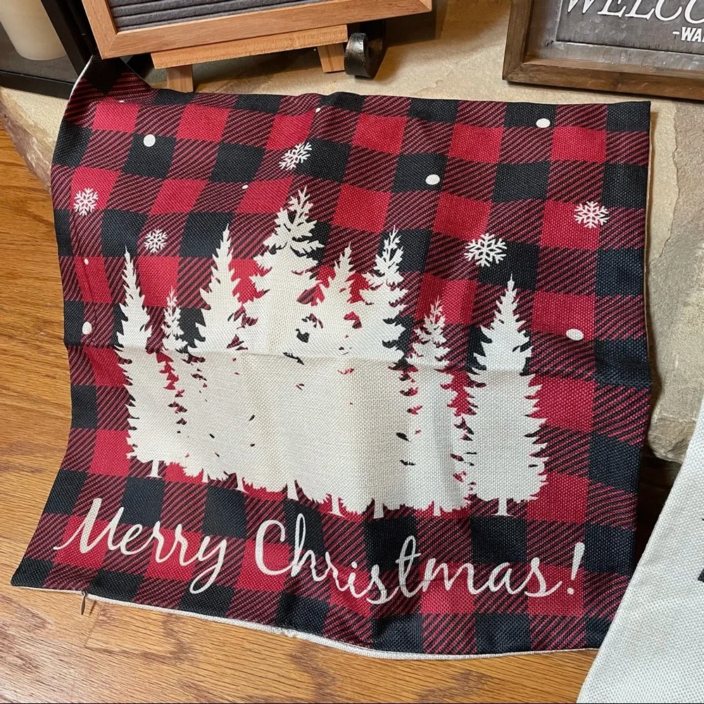 New Christmas Farmhouse Country Linen Buffalo Plaid Pillow Covers Set of…